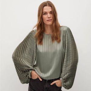 Mango Satin Pleated Long Sleeves Mint Green Blouse
